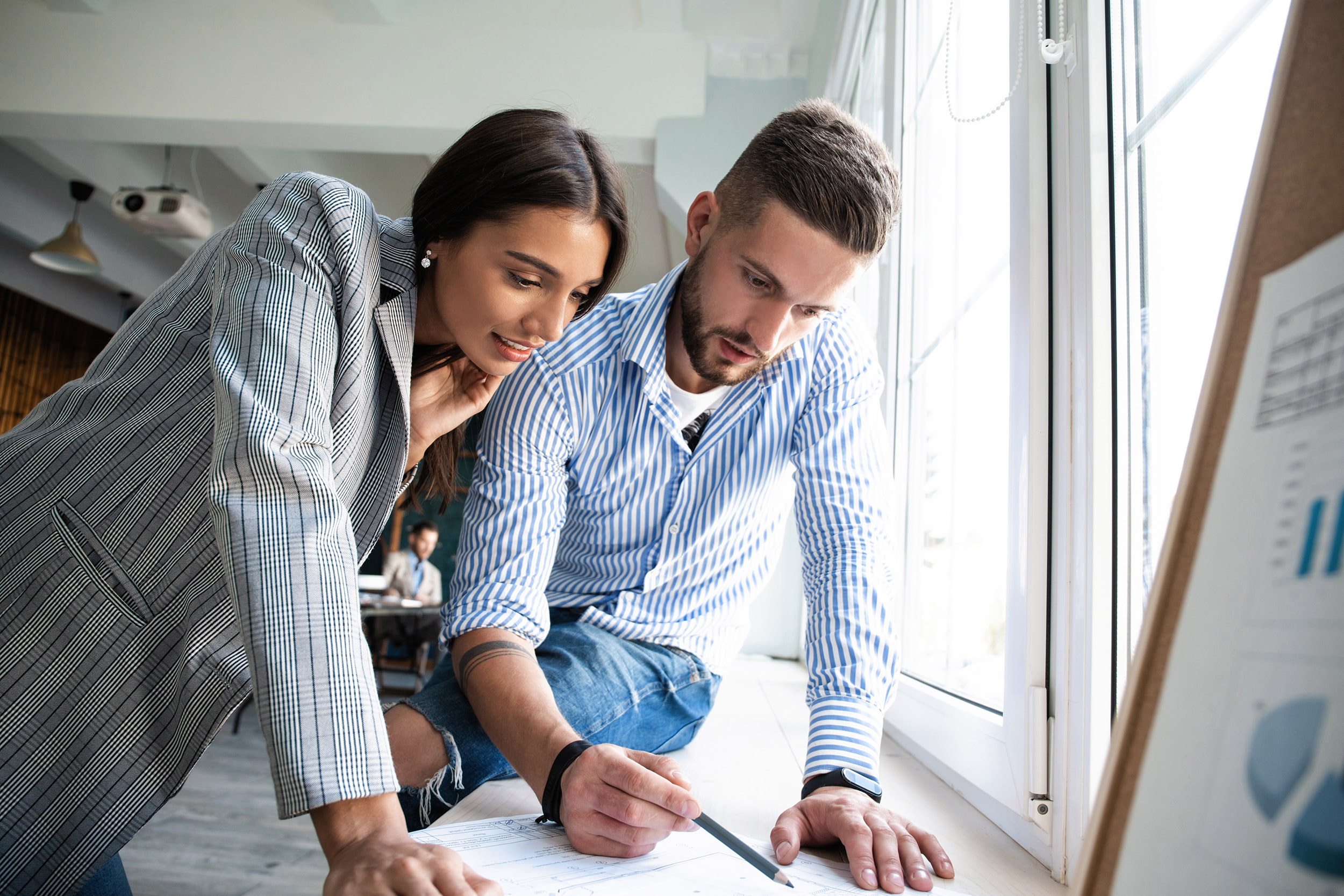 Project managers work new idea. Young business crew discussion with startup.